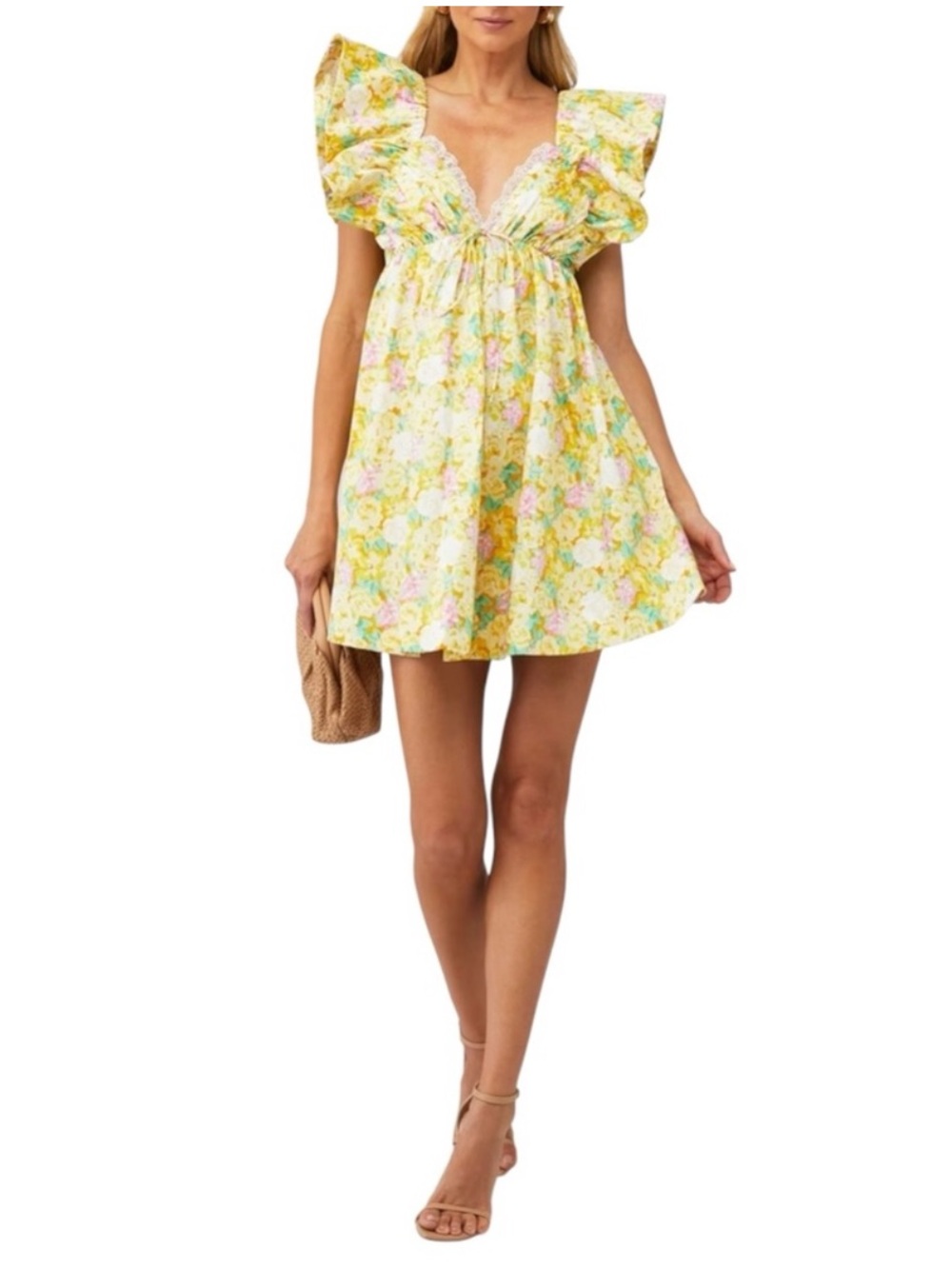 NWT For Love & Lemons Tamra Mini Dress in Yellow Floral Size Medium - Picture 2 of 11